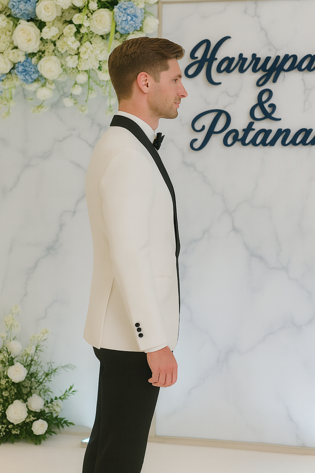 สูทเจ้าบ่าวขาว-ดำสุดเนี้ยบ เช่าตัดใหม่ | White & Black Tuxedo for Groom (Made-to-Rent)