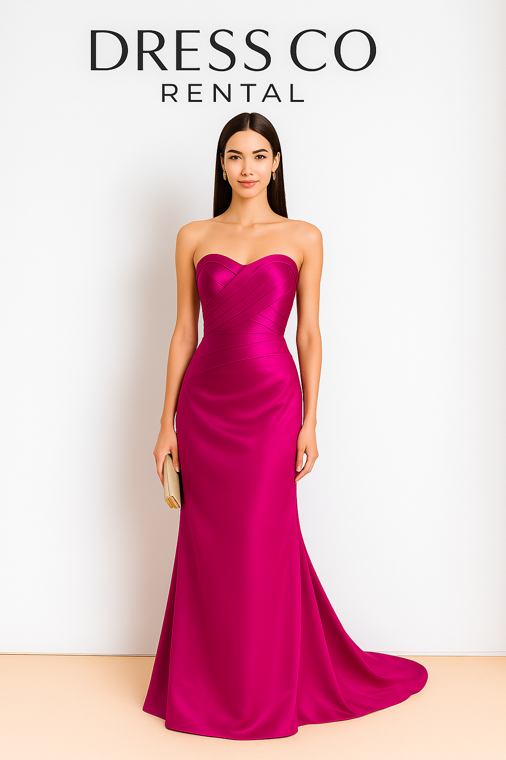 ชื่อสินค้า (TH): ชุดราตรีเกาะอกสีชมพูบานเย็นทรงเข้ารูป ชื่อสินค้า (EN): Fuchsia Pink Strapless Fitted Evening Gown