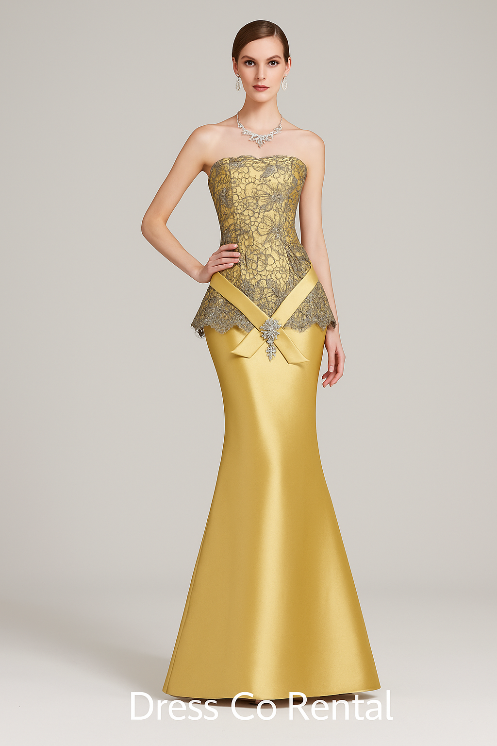 Golden Mermaid Lace Gown | Long mermaid evening gown in gold satin with lace trim