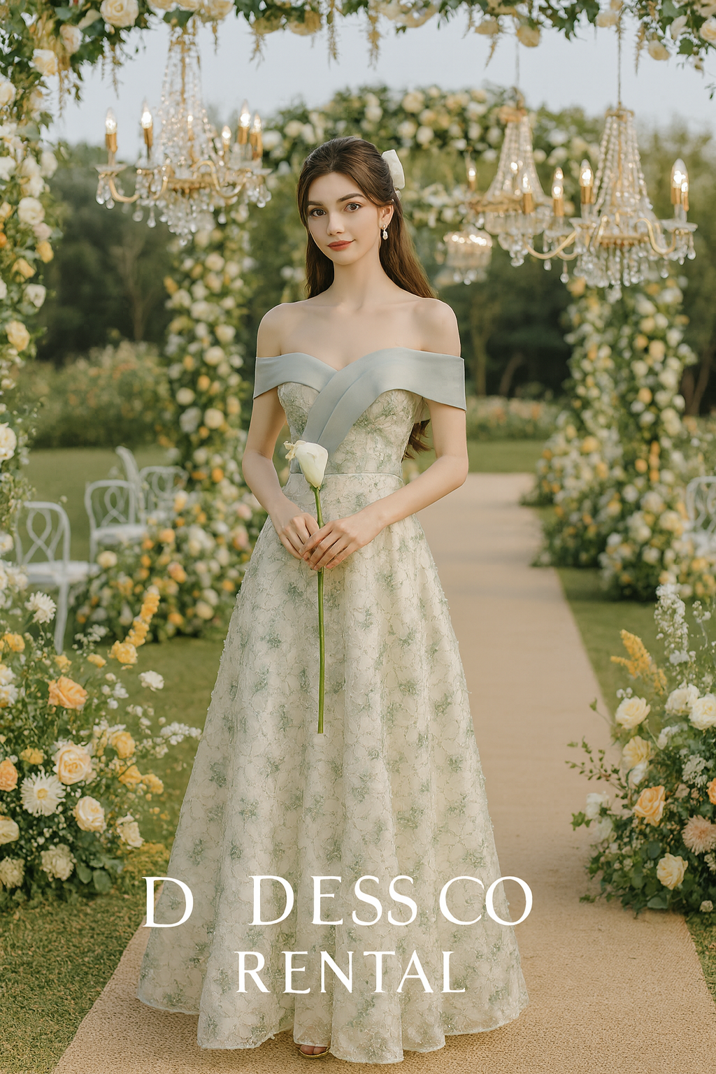 เดรสลูกไม้เปิดไหล่เขียวขาว | Green-White Off-Shoulder Lace Dress