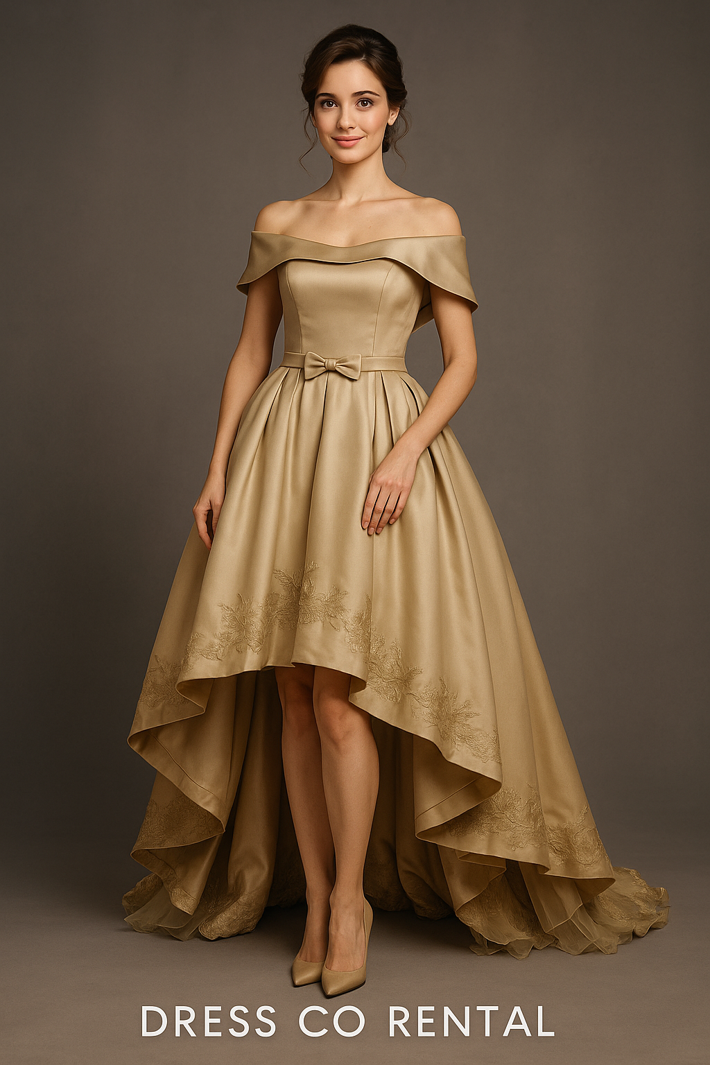 เดรสออกงานสีทองดีไซน์ระบายหรู/Elegant Gold Ruffled Evening Dress
