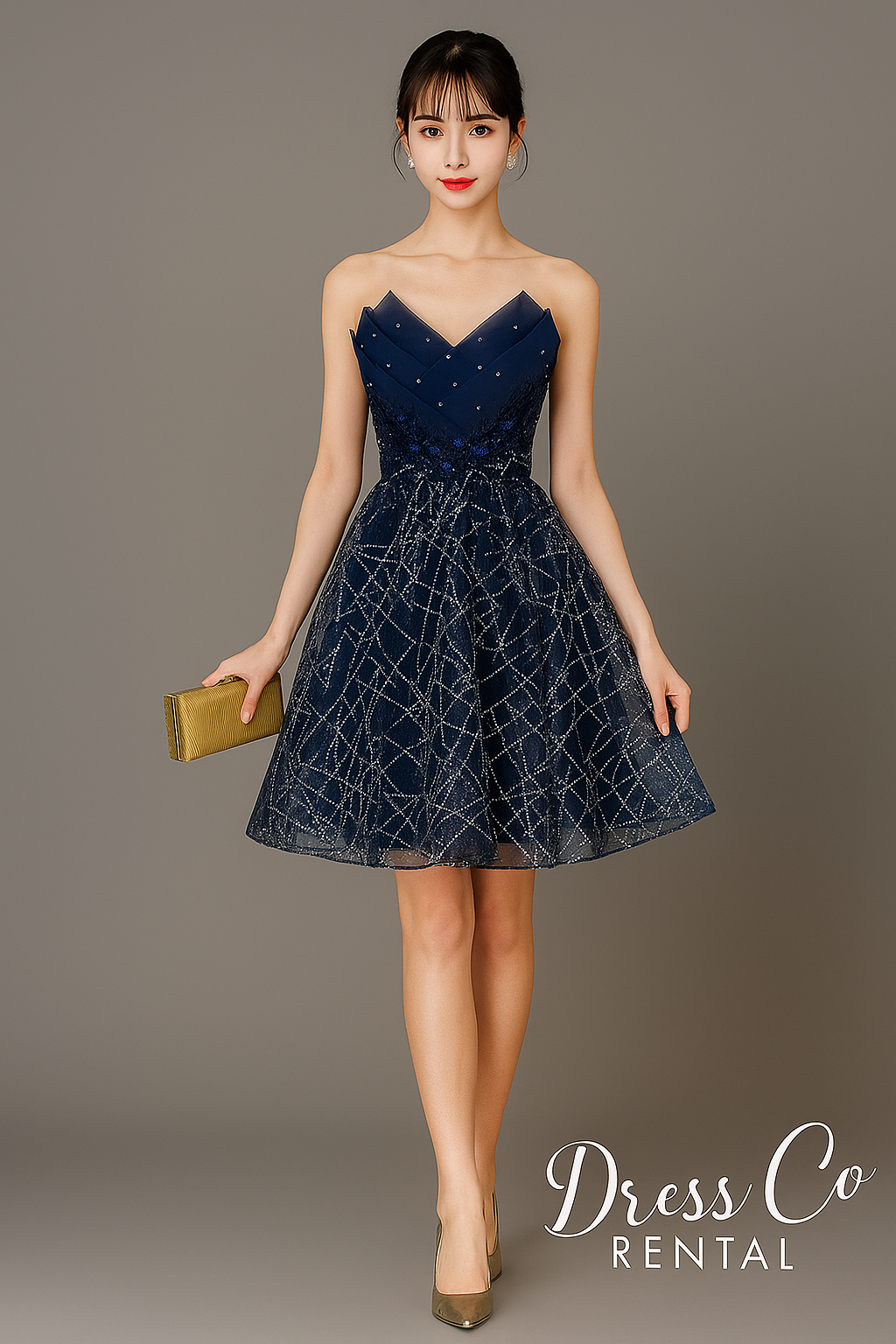 เดรสสายเดี่ยวทรงหัวใจ ลายพลุ / Navy Sweetheart Glitter Dress