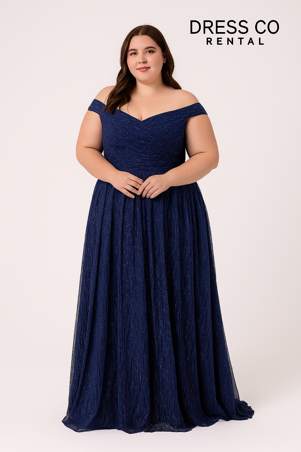 Navy Glitter Fitted Off-Shoulder Long Dress