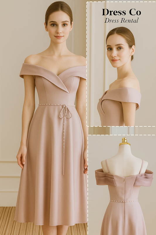เดรสเปิดไหล่ไขว้หน้า / Pink Off-Shoulder Pleated Dress
