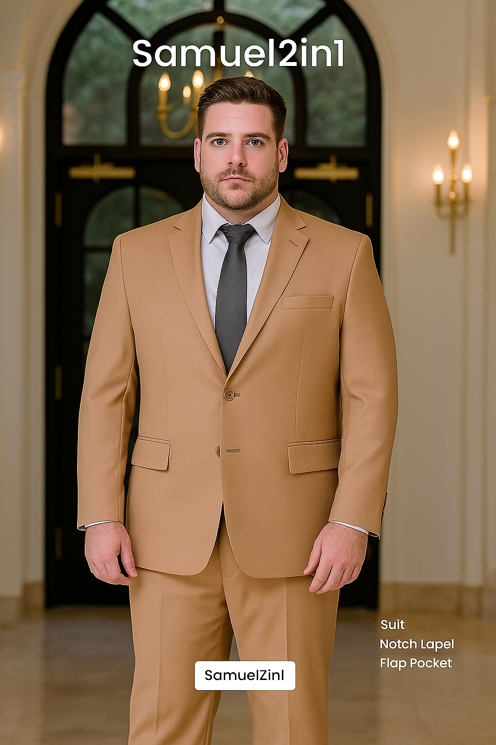 สูทเช่าตัดใหม่ สีครีม ไซส์ใหญ่ 3XL–6XL – คอปกเรียบ กระเป๋าฝา   Cream Plus-Size Suit (3XL–6XL) – Notch Lapel, Flap Pocket