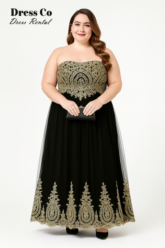 ชุดราตรียาวสีดำ ปักลายทอง สายเดี่ยวเกาะอก ไซซ์ใหญ่ (Plus Size