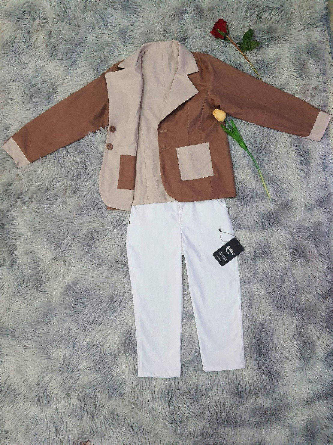 Reversible Kids Suit - Cream &amp; Brown + White Pants