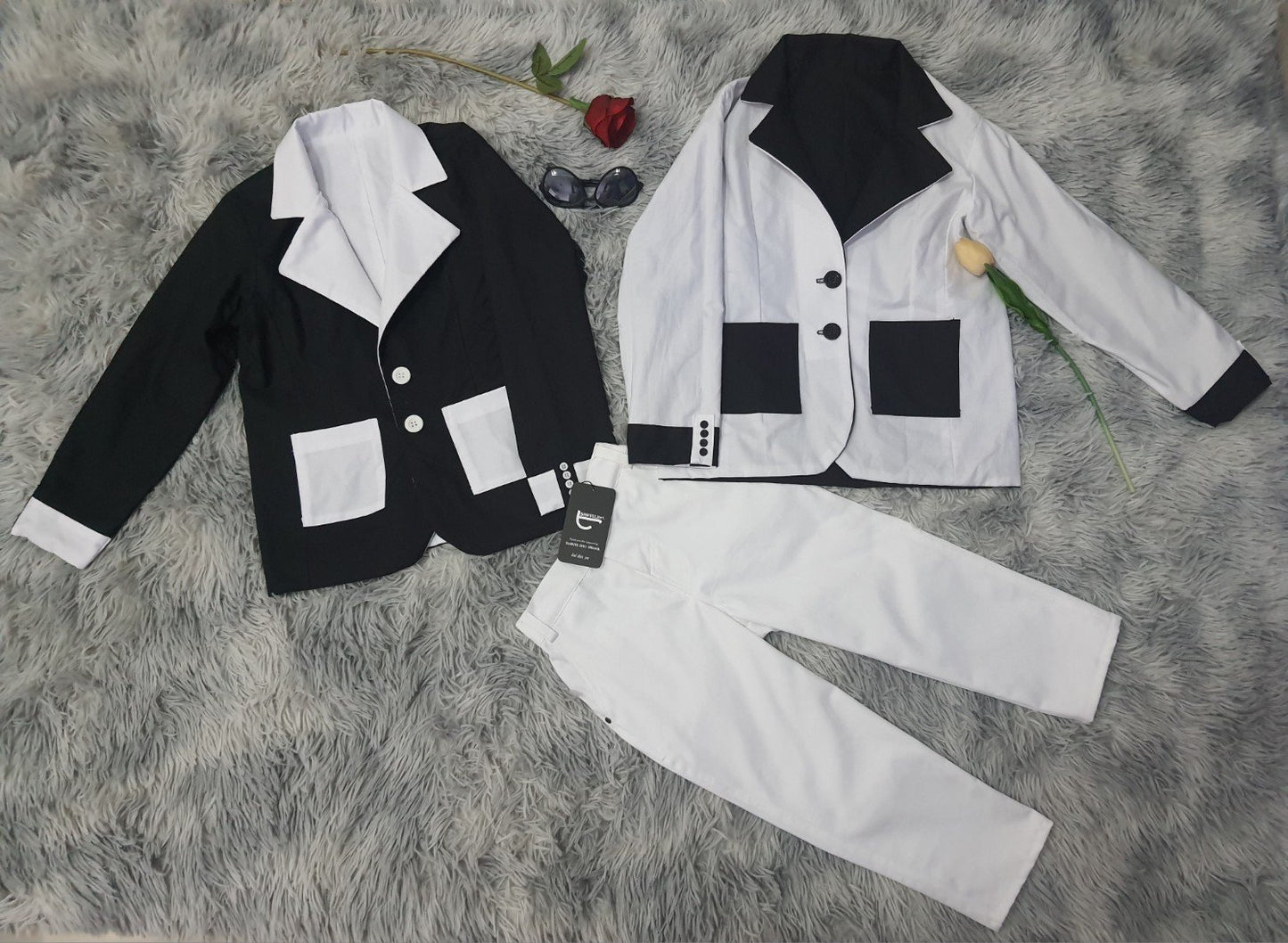 Reversible Kids Suit - Black &amp; White + White Pants