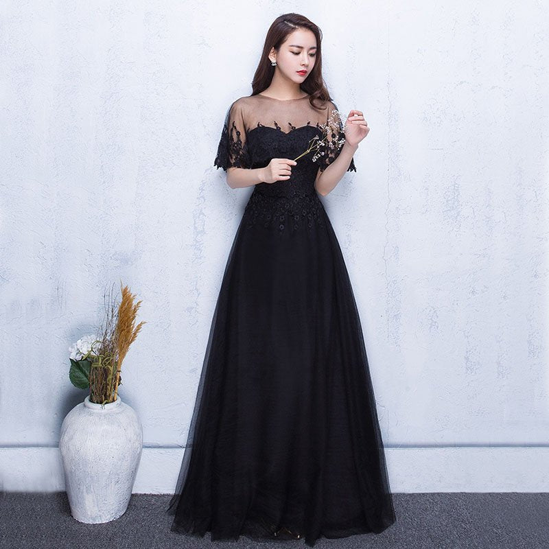 Black Sheer Lace Evening Dress with Short Sleeves